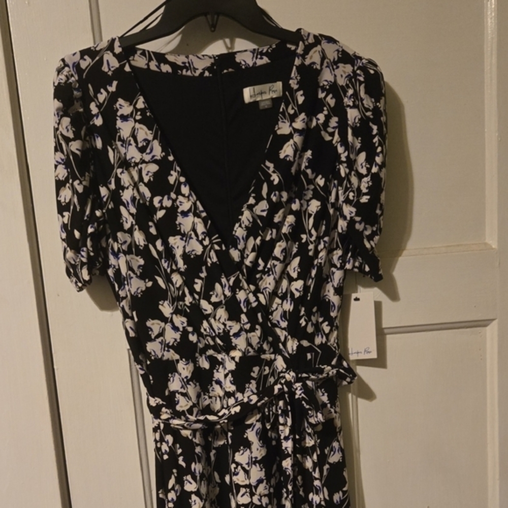 Harper Rose Womens‎ Floral Faux Wrap Dress Black White Blue Short Sleeve Size 12
